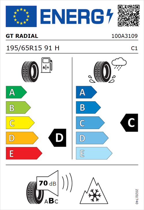 Tyre Label for GT Radial WinterPro 2 195/65R15 91H