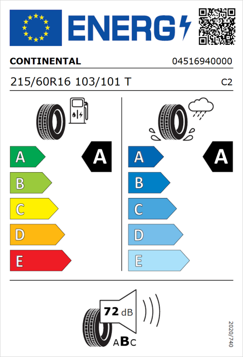 Tyre Label for Continental VanContact Eco 215/60R16 103/101T